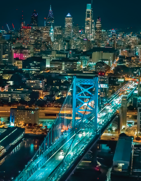 Philadelphia at night over the Ben Franklin Bridge